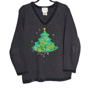Vintage The Quacker Factory Holiday Christmas Tree Sweater Large Black Beaded Kn